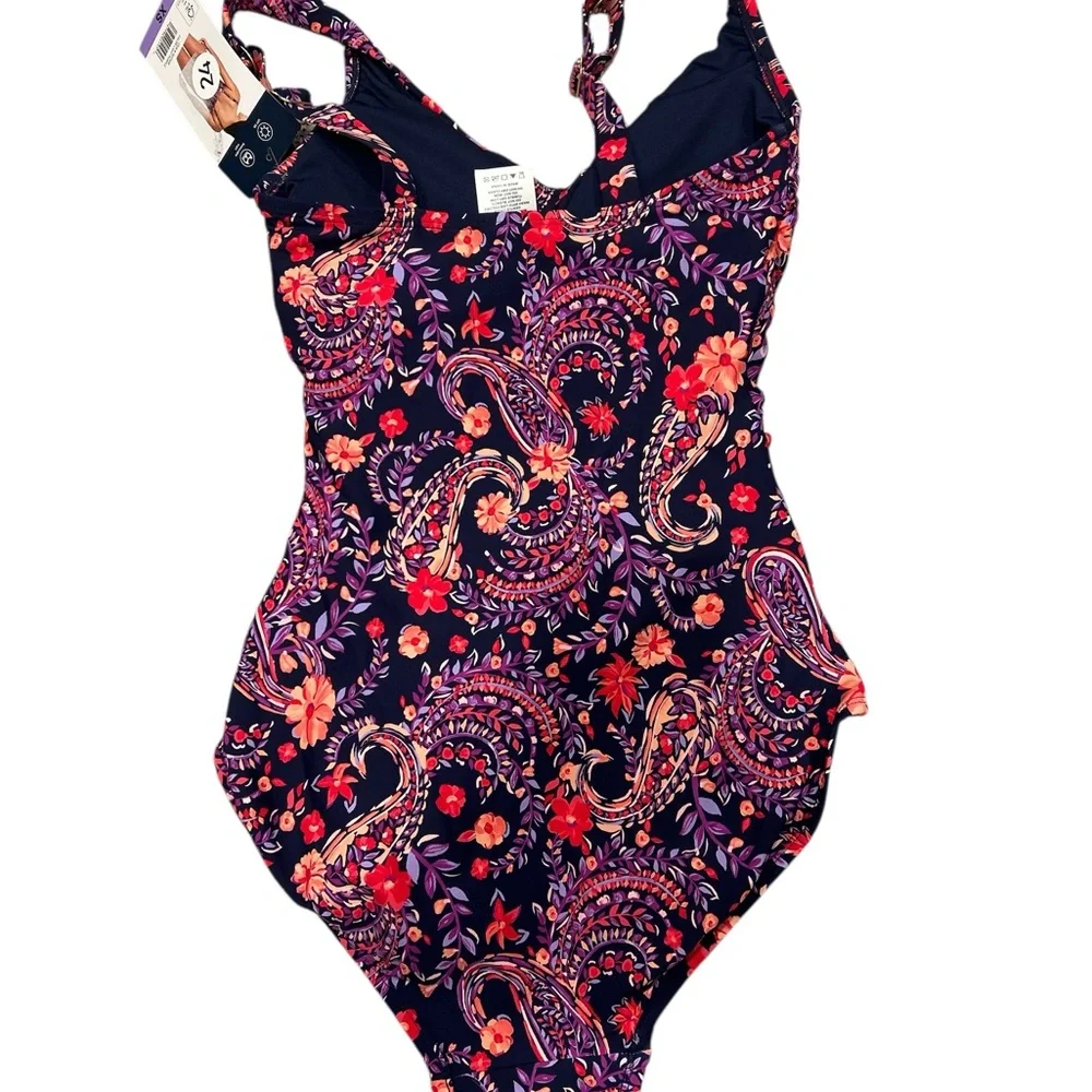 Lands' End Navy One-Piece Swimsuit with Pink & Coral Floral Paisley XS